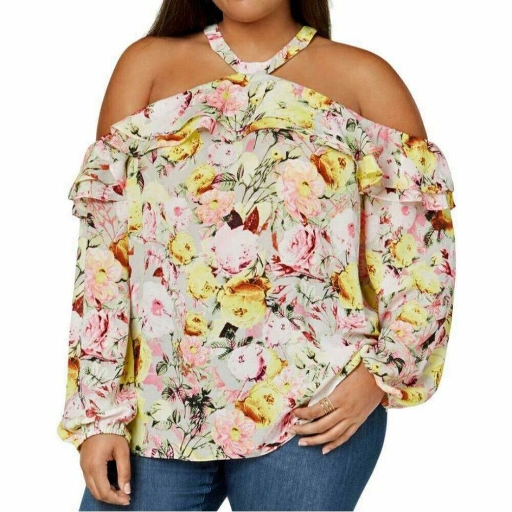 INC International Concepts Floral Cold Shoulder Blouse Plus Size 1X NWT